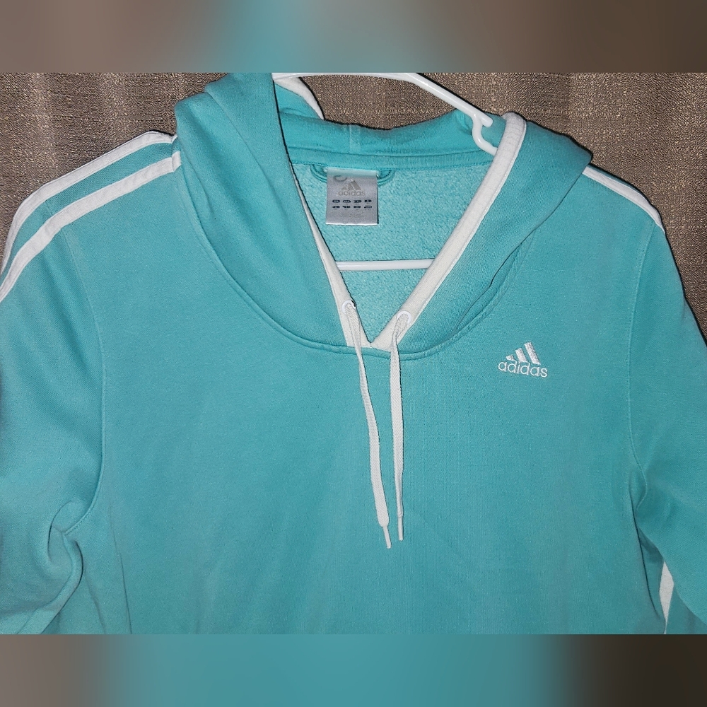 ADIDAS Hoodie Green 3 Stripes Hooded Pullover Sweatshirt Women's sz M - Picture 2 of 10